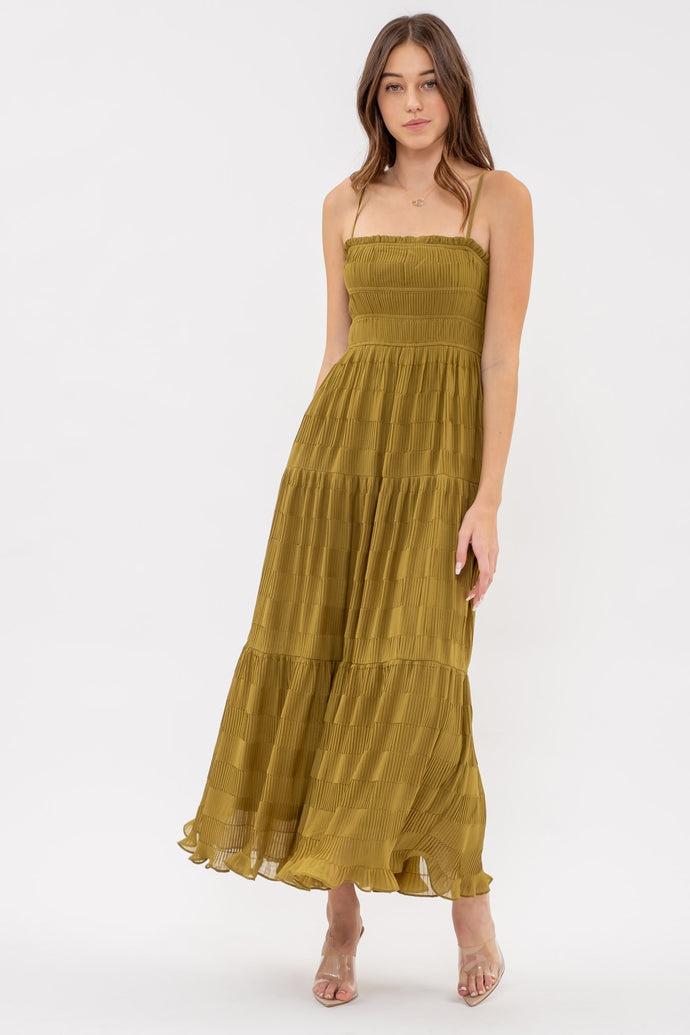 ON THE RISE SOLID TIERED PLEATED MIDI DRESS