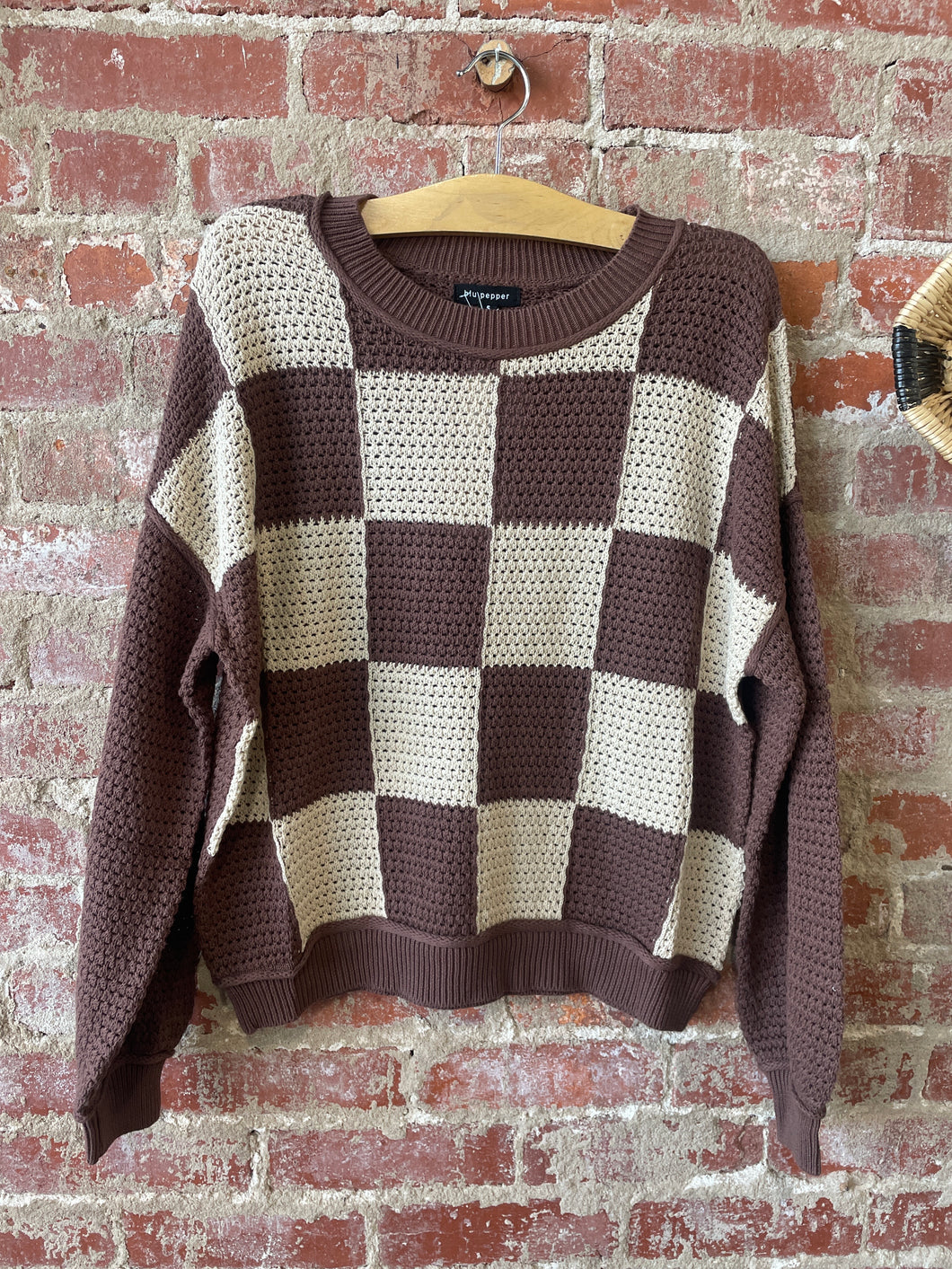 Stuck On You Brown Checkered Sweater