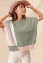 Load image into Gallery viewer, Worth Your Wild Color Block Olive &amp; Ivory Short Sleeve Sweater
