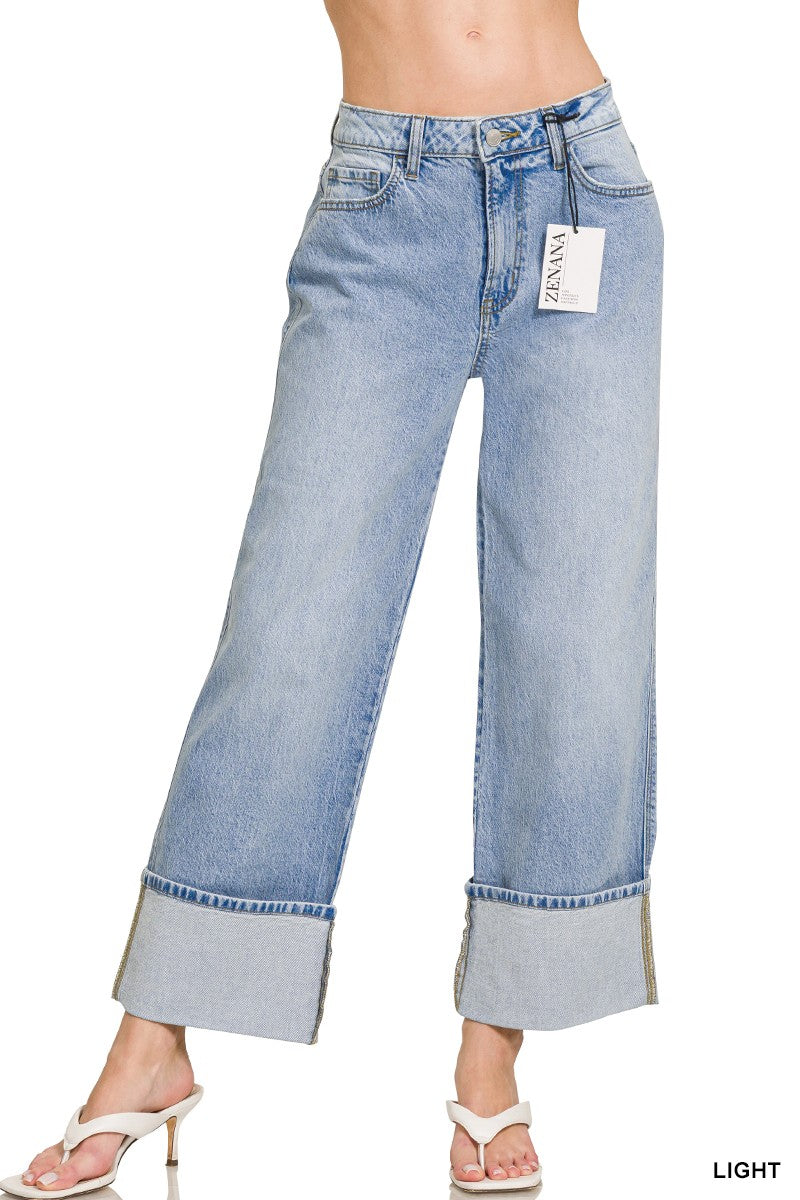HIGH-RISE CUFFED WIDE-LEG DENIM PANTS