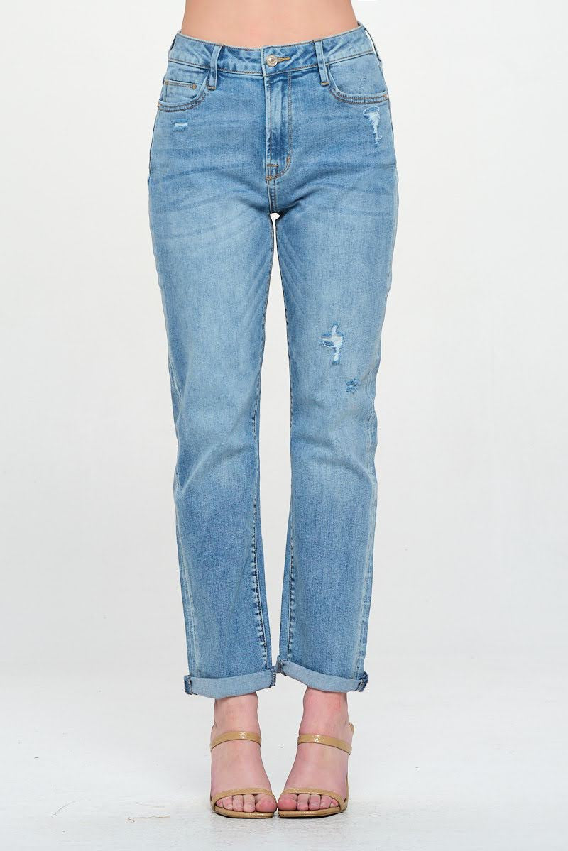 High Rise Distressed Roll Up Straight Fit Jeans