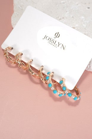 Gold Trio Set w/ Turquoise Pearl Hoop