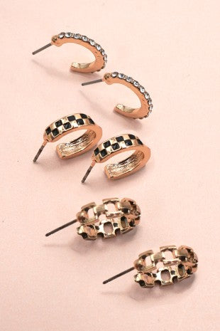 Baguette Stone Double Hoop Huggie Trio Earrings