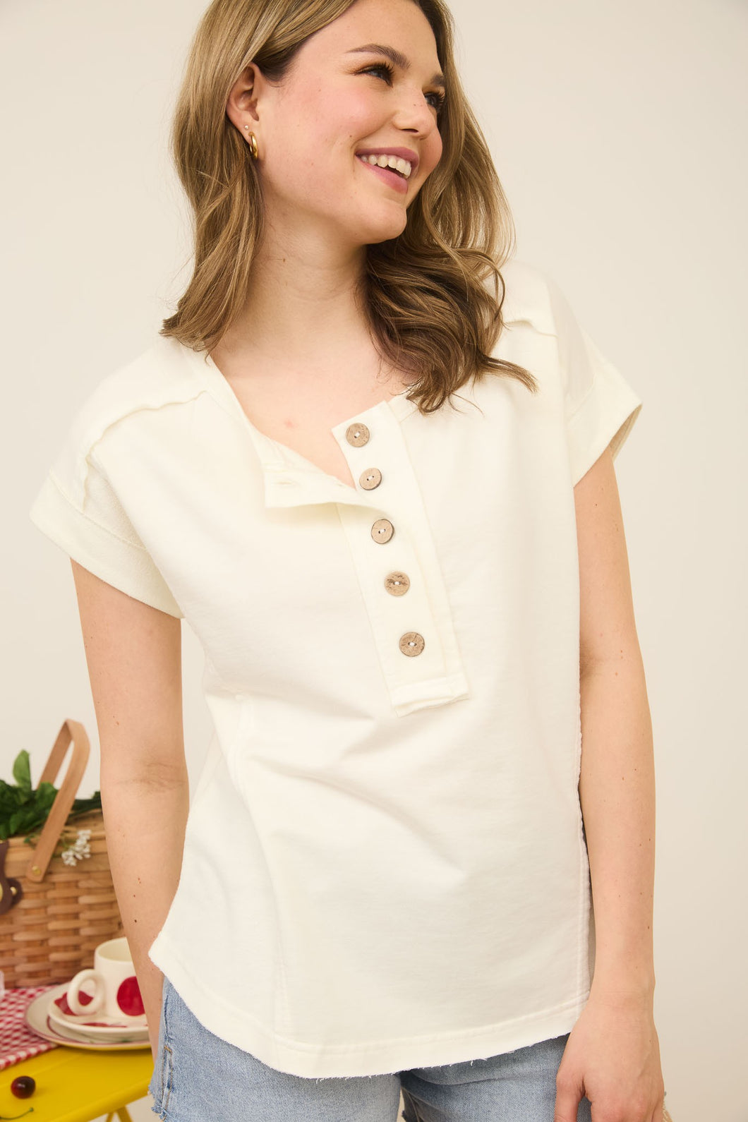 Its Only Temporary Ivory Short Sleeve Henley