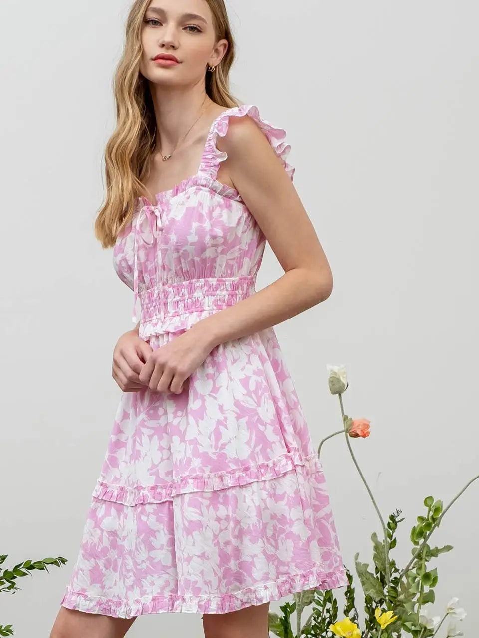 Spring Has Sprung-Floral Front Tie Ruffle Mini Dress- Pink