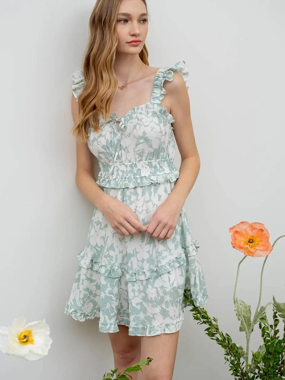Spring Is Here Floral Front Tie Ruffle Mini Dress- Mint