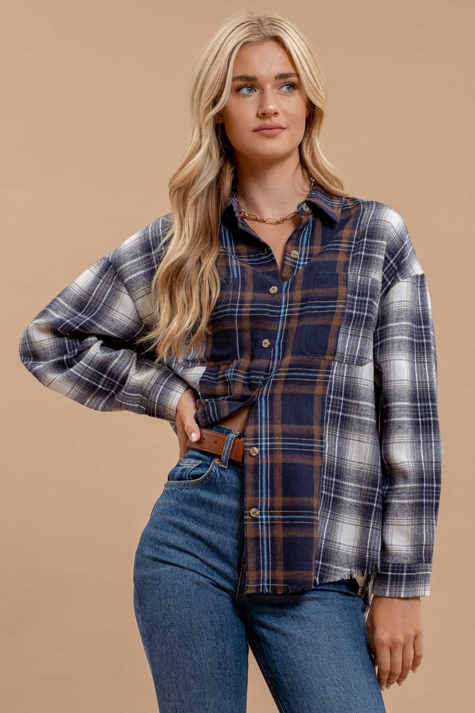 Navy Two Toned Plaid Long Sleeve Top