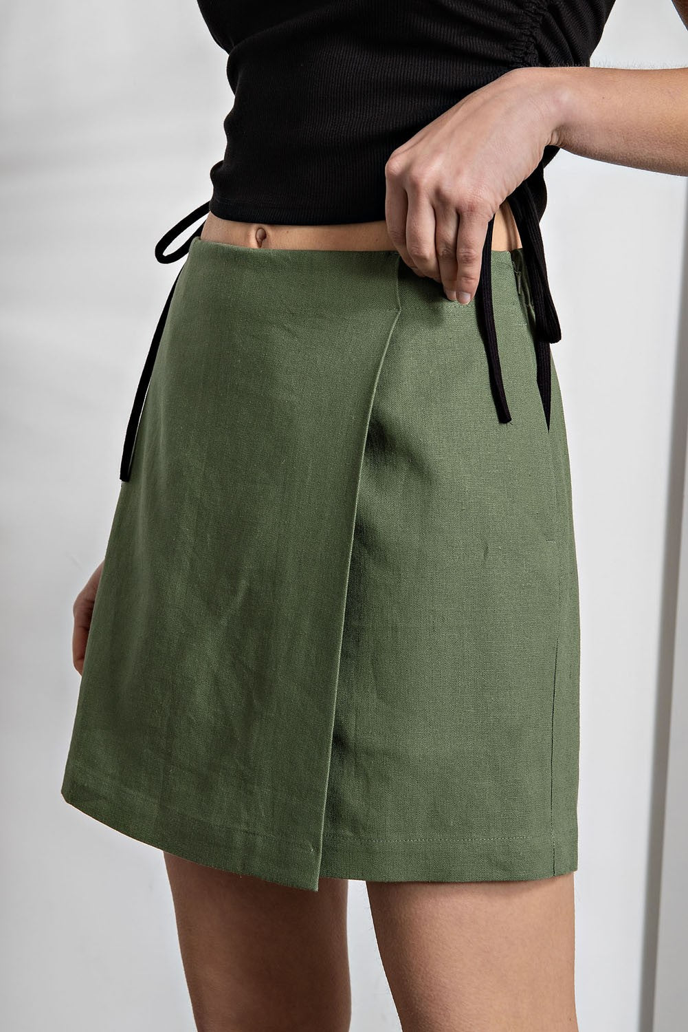Linen Wrap Skort-Olive