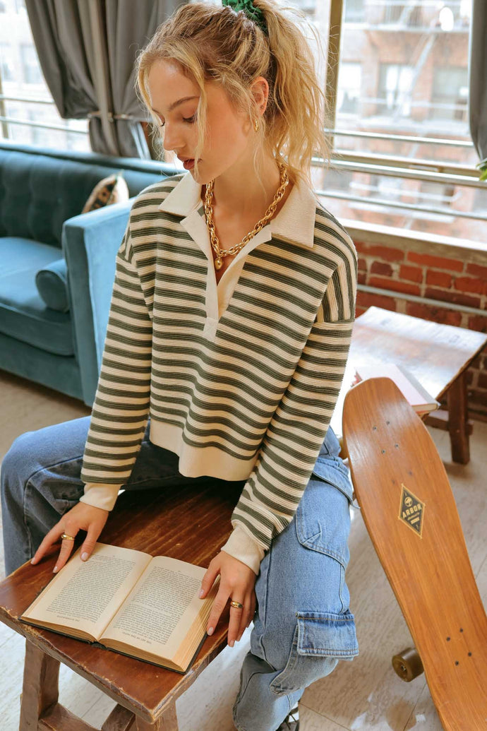 Olive Striped Long Sleeve Top