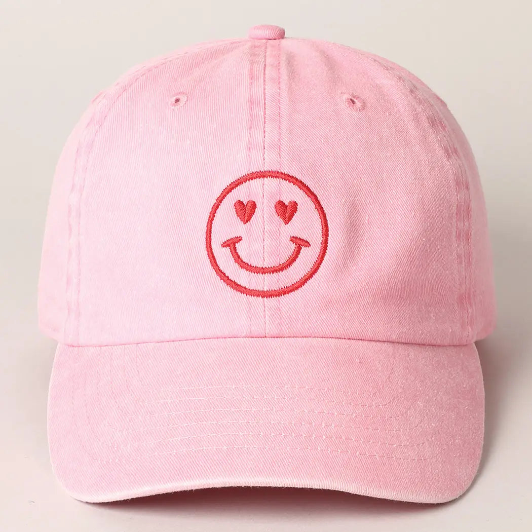 Valentine's Day Heart Happy Face Embroidered Cap-Pink